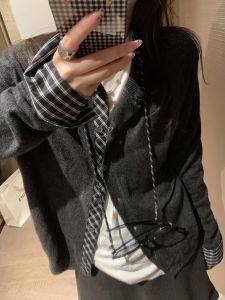 Fall New Korean Style Simple Elegant Shirt Sleeve Splicing Knitted Sweater Open Cardigan Outerwear Womens Fashion