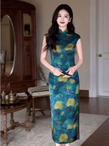 Retro Green Sleeveless Cheongsam Dress Ink Print Slim Fit Long Daily Photoshoot