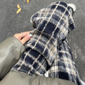 Tall Womens Plaid Wide Leg Pants Autumn Winter Thickened Fleece Lined Woolen High Waist Straight Cut Retro Casual Trousers