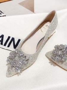 Silver Crystal Wedding Shoes for Women 2025 New Style Maternity Footwear Pointed Toe Chunky Heel Fashionable Evening Party Shoes