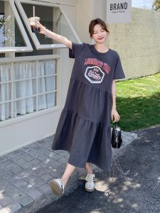La Chapelle Grey Print T-shirt Dress Women Summer Slimming Belly Covering plus Size Long Dress Casual Style Loose Waist