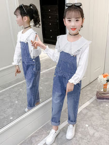 Girls Denim Suspender Pants Youth Spring and Autumn Korean Style Girl Autumn Clothing Childrens Trousers Western Style Suspenders Two-Piece Suit