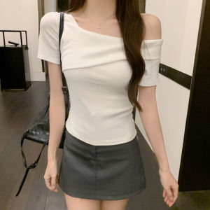 White Short Sleeve T-Shirt Womens Slim Fit Summer Short High Waist Baring One Shoulder Top Korean Style Commute Pure Color