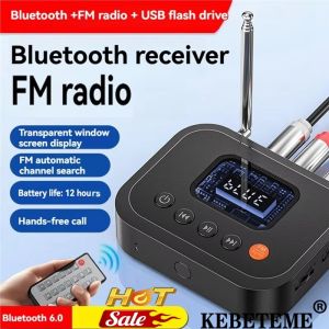 KEBETEME 2In1 Bluetooth 6.0 Audio Receiver FM Radio 3.5MM AUX/USB/U Disk Bluetooth Adapter With LCD Display For Speaker TV PC
