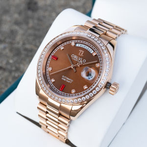 Đồng Hồ Tự Động Sang Trọng Dành Cho Nam OBLVLO Đồng Hồ Đeo Tay Cơ Khí Chống Nước Mặt Số Màu Nâu Vàng Hồng Có Kim Cương Hiển Thị Ngày Và Ngày Vòng Đeo Tay Bằng Thép Không Gỉ