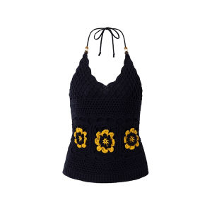 chaqi | เสื้อกั๊กแขนกุดเปิดหลังสีดำสไตล์ฝรั่งเศสสำหรับผู้หญิง เสื้อผ้าทำงานแขนกุดทรงเข้ารูปเซ็กซี่ ลายดอกไม้ คอวี แขนกุด