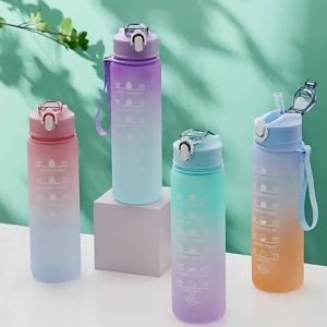 600ML/750ML/1000ML Sports Water Bottle Gradient Color Motivational Bottle with Time Marker Leak-proof Cup Gym Outdoor Drinkware