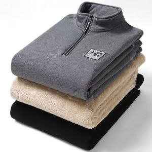 Lamb Fur Lined Thickened Hoodie Mens Fashion Urban Style round Neck Warm Outerwear Black Large Size Middle-Aged And Elderly Clothing