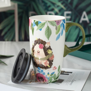 Cute Large Capacity Ceramic Cup with Lid for Home and Office Use
