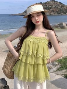 GUZILIAN | Resort Layered Ruffles and Lace Sleeveless Blouse