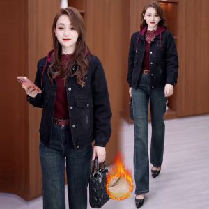 YOUFAN | Hooded Warm Fleece Lined Thick Denim Jacket Female