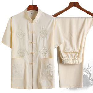 Chinese Style Mens Short Sleeve Shirt Set Grandpa Button Hanfu Large Size Knitted Geometric Pattern Casual Wear Summer Suit