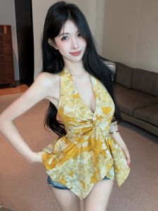 GUZILIAN | Sweet Print Halter Neck Tie Vest Slim Fit Stylish Summer Top