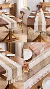 Boho Table Runner for Home Decor Macrame Cream & Brown Farmhouse Table Runner with Tassels for Bohemian Dining Bedroom Decor