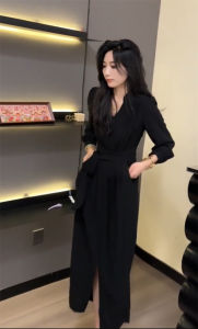 Fashionable Slim Fit Womens Dress Korean Style Spring 2025 High Waist A-Line Skirt Casual Long Sleeve V-Neck Solid Color