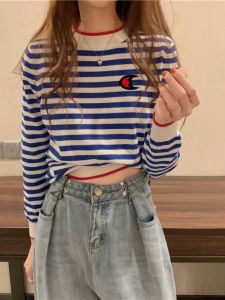Charming Korean Style Striped Knit T-Shirt Ice Silk Loose round Neck Womens Top Early Autumn Color Block Slimming Effect