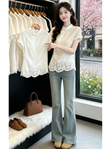 Shalldoer | New Chinese Style White Lace Hollow Out Short Sleeve Blouse