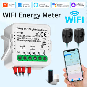 Tuya WiFi Smart Energy Meter AC100-240V 1CT 2CT Clamp App Control 80A Power Monitor Energy Consumption Electricity Statistics