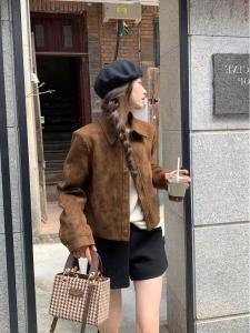 Áo Khoác Da Lộn Màu Nâu Ngắn Cho Nữ Dáng Rộng Phong Cách Mỹ Cổ Điển Áo Khoác Xe Máy Áo Khoác Ngoài Mùa Xuân Thu Chất Liệu Polyester