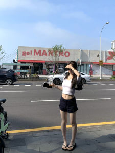 Zhangzi Short Pants High Waist Straight Leg Cotton Blend Comfortable Wear Dark Blue Roll up Leggings Work Commute Style