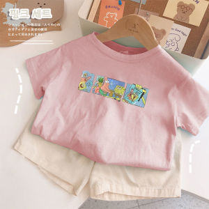 เสื้อยืดแขนสั้นผ้าฝ้ายแท้สำหรับเด็กชายและเด็กหญิง ลายหมีการ์ตูนสไตล์เกาหลี ทรงหลวม แฟชั่นฤดูร้อน คอกลม