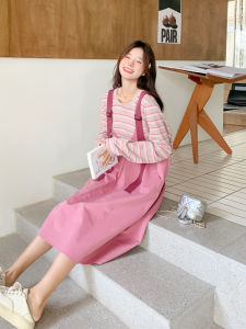 Pink Striped Sweet Youthful Strap Dress Womens Spring 2025 New Gentle Style Small Size Dress Commute Style Loose Waist Polyester Fiber A-Line Skirt Long Sleeve round Neck