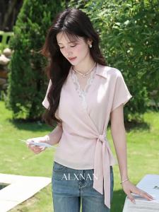 Áo Sơ Mi Cổ Voan Thêu Ren Pháp Màu Hồng