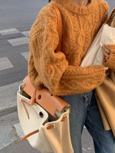 Sunset Orange! Fall and Winter Fancy Japanese-Style Retro Loose and Lazy Style round Neck Coarse Yarn Outwear Cable-Knit Sweater Women
