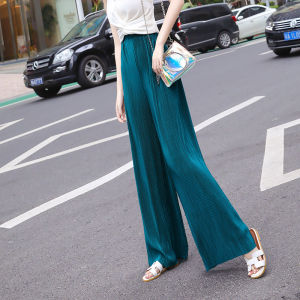 Flowy ผ้าชีฟอง ขากว้าง กางเกง ผู้หญิง ฤดูร้อน หลวม เอว พรางหุ่น หลากหลาย วันหยุด ลำลอง ตรง กางเกงขายาว จีบไม่สมมาตร