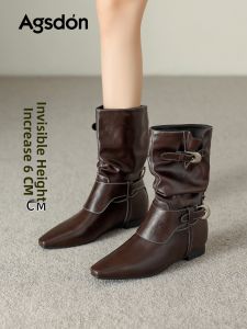 Agsdon | Pointed Toe Internal Height-Increase Summer Short Boots 2026 New Style Wrinkled Cowboy Boot