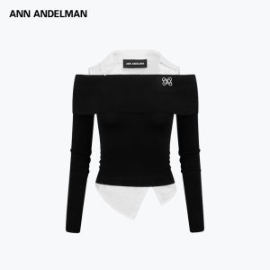 ANN ANDELMAN | Faux Two-Piece Patchwork Collar Off-Shoulder Knitwear