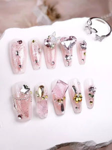 Handmade Heavy Duty Mid-Length Staircase Style Flashing Full Drill Butterfly Diamond Phototherapy Nail Art Patch False Nails