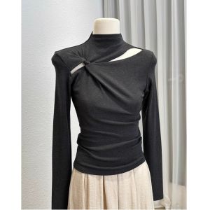 Elegant Hollow out Long Sleeve Base Shirt Womens Inner Wear T-Shirt Spring Autumn Design Asymmetrical Knot Special Top