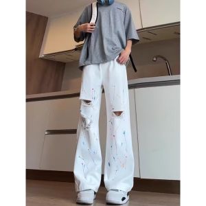 American Retro Splashed Ink Hole Denim Jeans Mens Summer New High Street Trend Micro Flared Long Pants Casual Wear