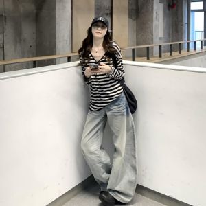 Quần Jeans Denim Ống Rộng Cạp Cao Phong Cách Mỹ Cổ Điển Cho Nữ Quần Dài Dài Đến Sàn Cao Cấp Thường Ngày Quần Jeans Nữ