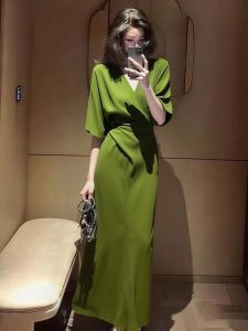 SHANGSHA | Elegant Pinched Waist Green Dress