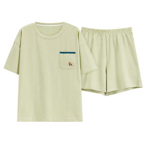 Miiow | Cat Person Womens Summer Sleepwear Set Thin Cotton Short Sleeve Shorts Home Clothes Antibacterial Cute Embroidery Pattern