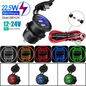 12/24V Dual USB Port Car Charger Motorcycle 5V 4.2A Charger Socket Waterproof Fast Quick Charge Adapter for Vehicle Boat Truck