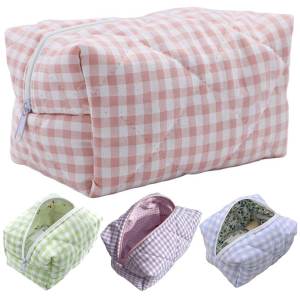 【New Arrival】 Women Portable Cosmetic Storage Bag Large Capacity Quilted Checkered Makeup Bag Lightweight for Cosmetics Makeup Brushes
