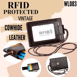 ID CARD HOLDER RFID PROTECTION GENUINE LEATHER LANYARD NAME TAG GANTUNGAN TEMPAT KARTU KULIT - WL083