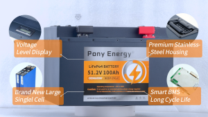 PonyEnergy 48V 100Ah แบตเตอรี่ LiFePO4 พร้อมหน้าจอแสดงแรงดันและระบบ BMS อัจฉริยะ ตัวเรือนสแตนเลส เชื่อมต่อแบบอนุกรมได้