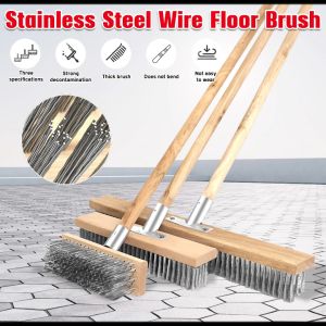 20/30/50cm Stainless Steel Wire Brush Solid Wood Long Handle Multifunctional Wire Deck Brush Floor Brush Stiff Bristle Floor Brush For Moss Patio Garden Pool Cleaning
