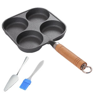 4 Hole Omelet Pan Egg Frying Pan Wooden Handle Fried Egg Pan Divided Egg Omelet Pan for Gas Stove and Induction Cooker