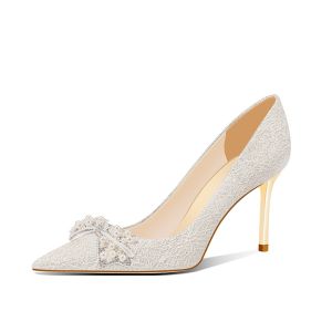 รองเท้าแต่งงานสีแชมเปญ ผู้หญิง สวมใส่สองทาง 2024 รองเท้าเจ้าสาวใหม่ไม่มีรองเท้ารองเท้าส้นสูงฝรั่งเศสส้นบาง เรียบหรู ไข่มุกผีเสื้อปม