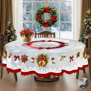1 Piece of Christmas-Themed Printed Tablecloth Featuring Christmas Flowers Bells Red Ribbons and Bow Designs Suitable for Christmas New Years Parties Party Decorations Kitchen Accessories Room and Outdoor Decorations Gifts for Friends Recta...