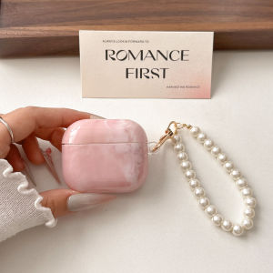 Korean Beautiful Pink Marble Texture Pattern Protective Earphone Case with Pearl Pendant for AirPods 1 2 3 4 Pro 2 Pro 3