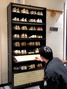 LACCOHUG Bamboo Flip Door Shoe Cabinet Imitation Rattan Woven Door Black 7/9/11Layers Bamboo Shoes Cabinet Rack Kasut