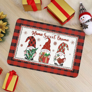 VIKAMA Xmas Front Door Mat Festive Plaid Gnome Truck Camper Holly Print Non Slip Floor Mat For Indoor Outdoor Entry Decor