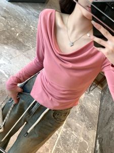 เสื้อยืดแขนยาวทรงสลิมฟิตสำหรับผู้หญิง Alex Stevens ฤดูใบไม้ผลิและฤดูใบไม้ร่วง เสื้อเชิ้ตคอกลมคอวีแบบลำลอง