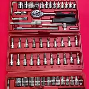 46 Pcs 1/4” Drive Socket Ratchet Wrench Set with Storage Case Includes Metric Bit Socket Set and Extension Bar for Auto Repair